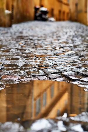 Cobblestone brick paved wet street in Rome, Italyの写真素材