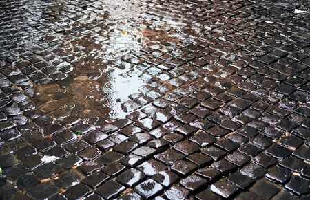 Cobblestone brick paved wet street in Rome, Italyの写真素材