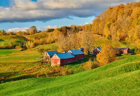 Jenne Farm with barn at sunny autumn morning in Vermont, USAの写真素材
