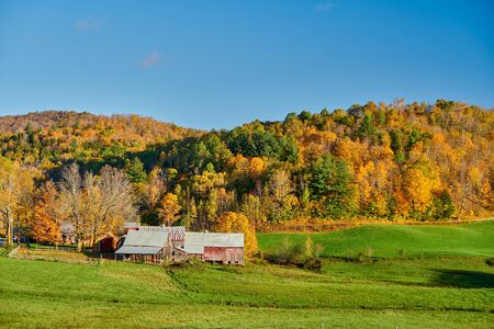 Jenne Farm with barn at sunny autumn day in Vermont, USAの写真素材