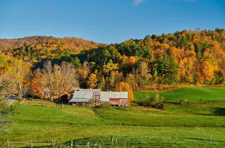Jenne Farm with barn at sunny autumn day in Vermont, USAの写真素材