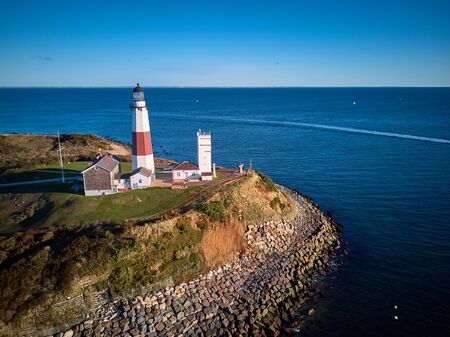 Montauk Lighthouse and beach aerial shot, Long Island, New York, USA.の写真素材