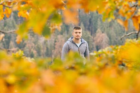 Tourist man hiking in Sequoia National Park at fall, looking at autumn mountain scenic landscape. California, United States.の写真素材