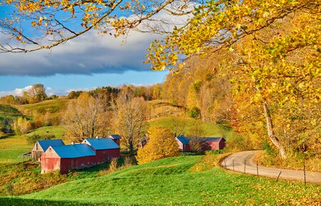 Jenne Farm with barn at sunny autumn morning in Vermont, USAの写真素材