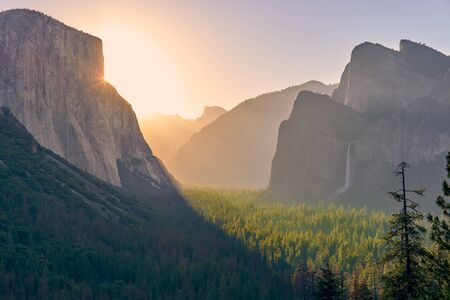 Yosemite National Park Valley at sunrise landscape from Tunnel View. California, USA.の写真素材
