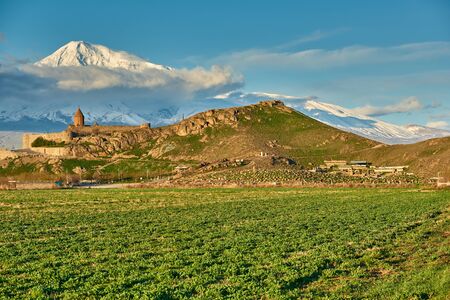 Ancient castle monastery Khor Virap in Armenia with Ararat mountain landscape at background.の写真素材