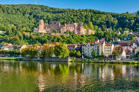 Heidelberg town with old Karl Theodor bridge and castle on Neckar river in Baden-Wurttemberg, Germanyのeditorial素材
