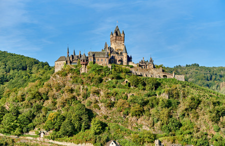 Beautiful Reichsburg castle on a hill in Cochem town, Germanyのeditorial素材