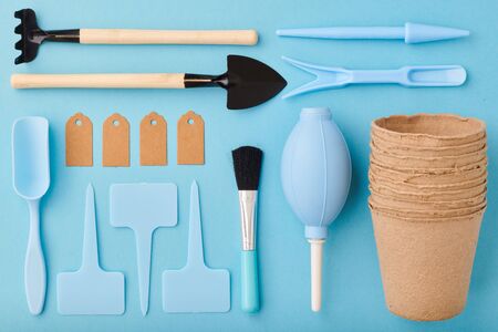 Gardening tools on blue background flat lay top viewの写真素材