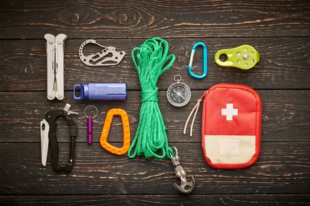Travel items for hiking tourism still life over wooden backgroundの写真素材