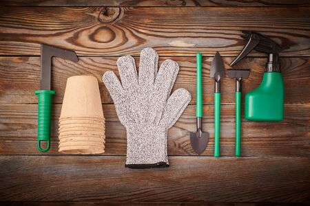 Gardening tools on wooden background flat lay top viewの写真素材