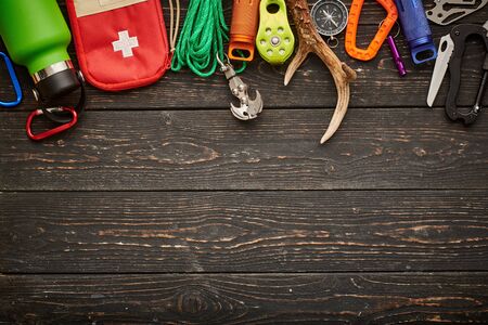 Travel items for hiking tourism still life over wooden backgroundの写真素材