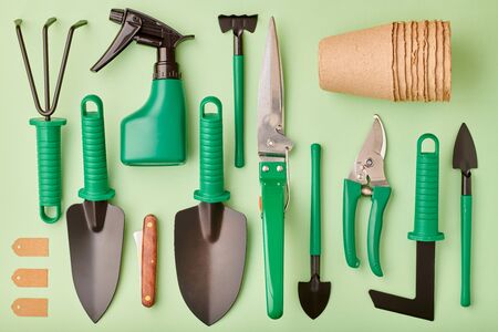 Gardening tools on green background flat lay top viewの写真素材