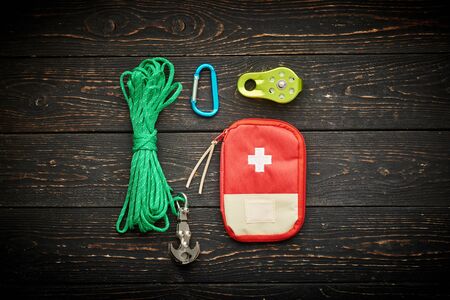 Travel items for hiking tourism still life over wooden backgroundの写真素材