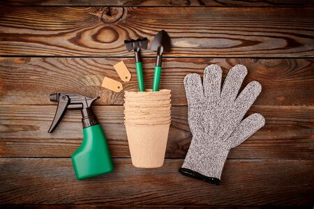 Gardening tools on wooden background flat lay top viewの写真素材