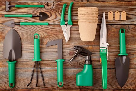 Gardening tools on wooden background flat lay top view の写真素材