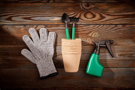 Gardening tools on wooden background flat lay top view の写真素材