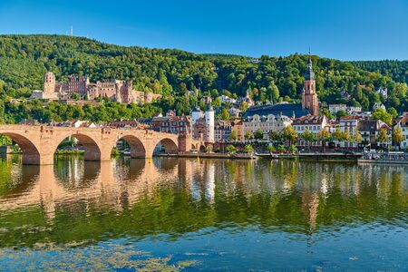 Heidelberg town with old Karl Theodor bridge and castle on Neckar river in Baden-Wurttemberg, Germany の写真素材
