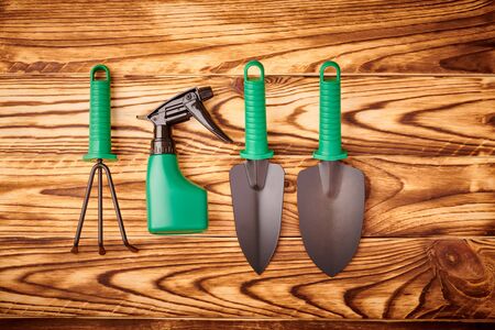 Gardening tools on wooden background flat lay top view の写真素材