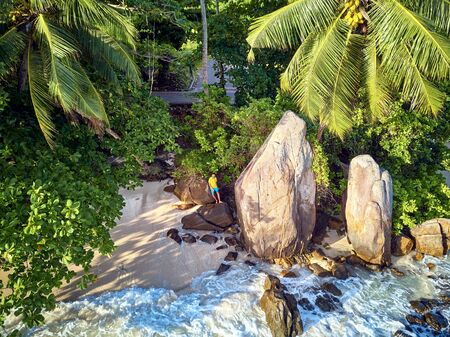 Man on beautiful beach with palm tree and rocks aerial top view drone shot at Seychelles, Maheの写真素材