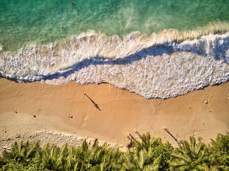 Beautiful beach with palm trees aerial top view drone shot at Seychelles, Maheの写真素材