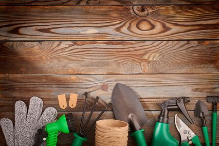 Gardening tools on wooden background flat lay top view の写真素材