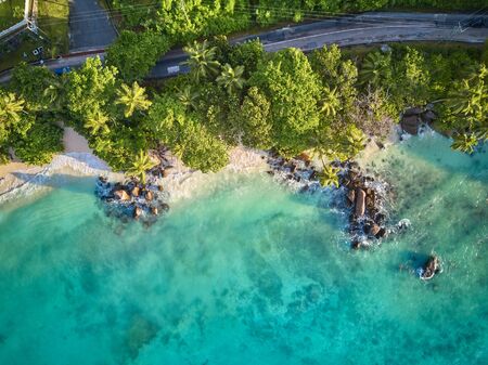 Beautiful beach with palm tree and rocks aerial top view drone shot at Seychelles, Maheの写真素材