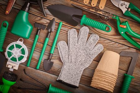 Gardening tools on wooden background flat lay top view の写真素材