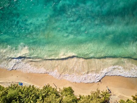 Beautiful beach with palm trees aerial top view drone shot at Seychelles, Maheの写真素材