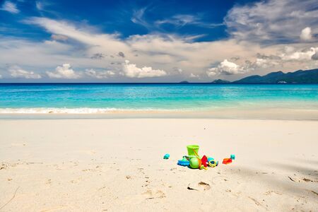 Toys on Anse Soleil beach at Seychelles, Maheの写真素材