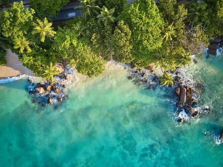 Beautiful beach with palm tree and rocks aerial top view drone shot at Seychelles, Maheの写真素材
