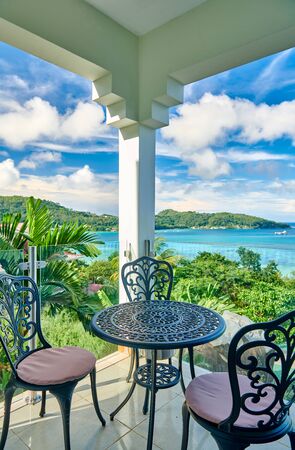 Balcony interior and overlook of Seychelles bay at Mahe islandの写真素材