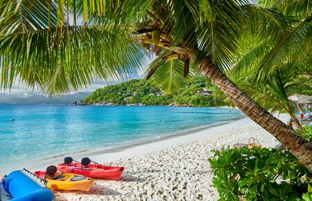 Beautiful Petite Anse beach with kayaks and palm tree at Seychelles, Maheの写真素材