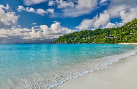 Beautiful Petite Anse beach at Mahe, Seychellesの写真素材