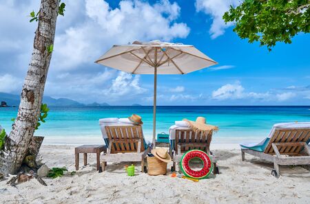 Beautiful Petite Anse beach with palm tree at Seychelles, Maheの写真素材