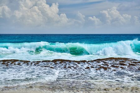 Beautiful rocky beach Anse Bazarca at Seychelles, Maheの写真素材
