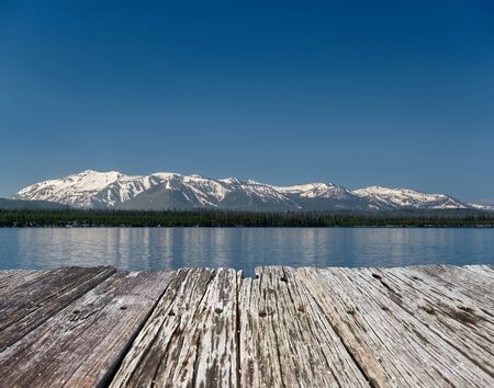 Yellowstone Lake with mountains landscape, Wyoming, USAの写真素材