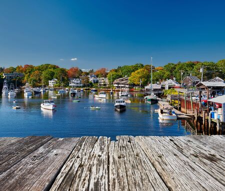 Fishing boats docked in Perkins Cove, Ogunquit, on coast of Maine south of Portland, USAの写真素材