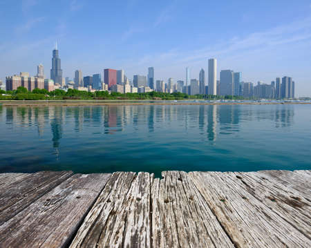 Chicago skyline in the morning and old wooden pierの写真素材