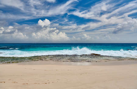 Beautiful rocky beach Anse Bazarca at Seychelles, Maheの写真素材