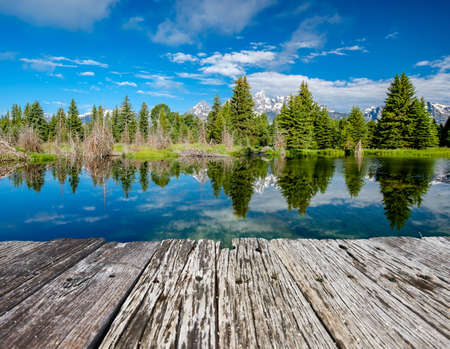 Grand Teton Mountains from Schwabacher's Landing on the Snake River at morning. Grand Teton National Park, Wyoming, USA.の写真素材