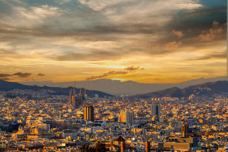 Barcelona cityscape at sunset overlook from Montjuicの写真素材