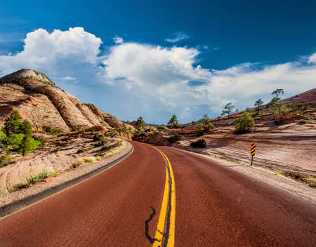 Empty scenic highway in Zion National Park, Utah, USAの写真素材