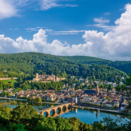 Heidelberg town with old Karl Theodor bridge and castle on Neckar river in Baden-Wurttemberg, Germanyのeditorial素材