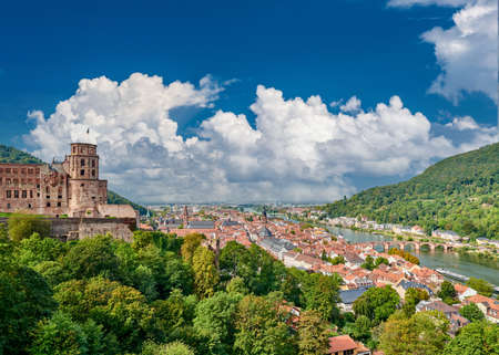 Heidelberg town with old Karl Theodor bridge and castle on Neckar river in Baden-Wurttemberg, Germanyのeditorial素材