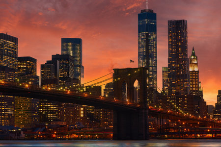 Brooklyn Bridge with lower Manhattan skyline in New York City at eveningのeditorial素材