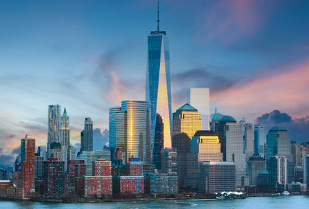 New York City Manhattan skyline at sunset over Hudson River viewed from New Jerseyのeditorial素材