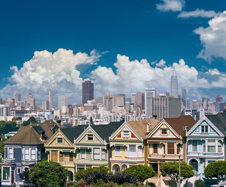 The Painted Ladies - Victorian style homes view from Alamo Square in San Francisco, California, USAの写真素材