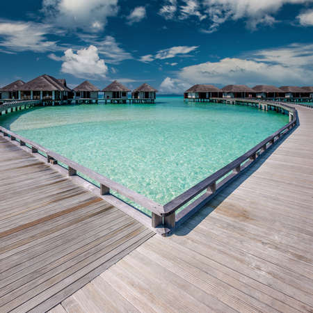 Beautiful beach with water bungalows at Maldivesのeditorial素材