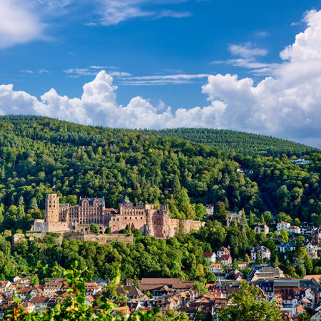 Heidelberg town with old Karl Theodor bridge and castle on Neckar river in Baden-Wurttemberg, Germanyのeditorial素材